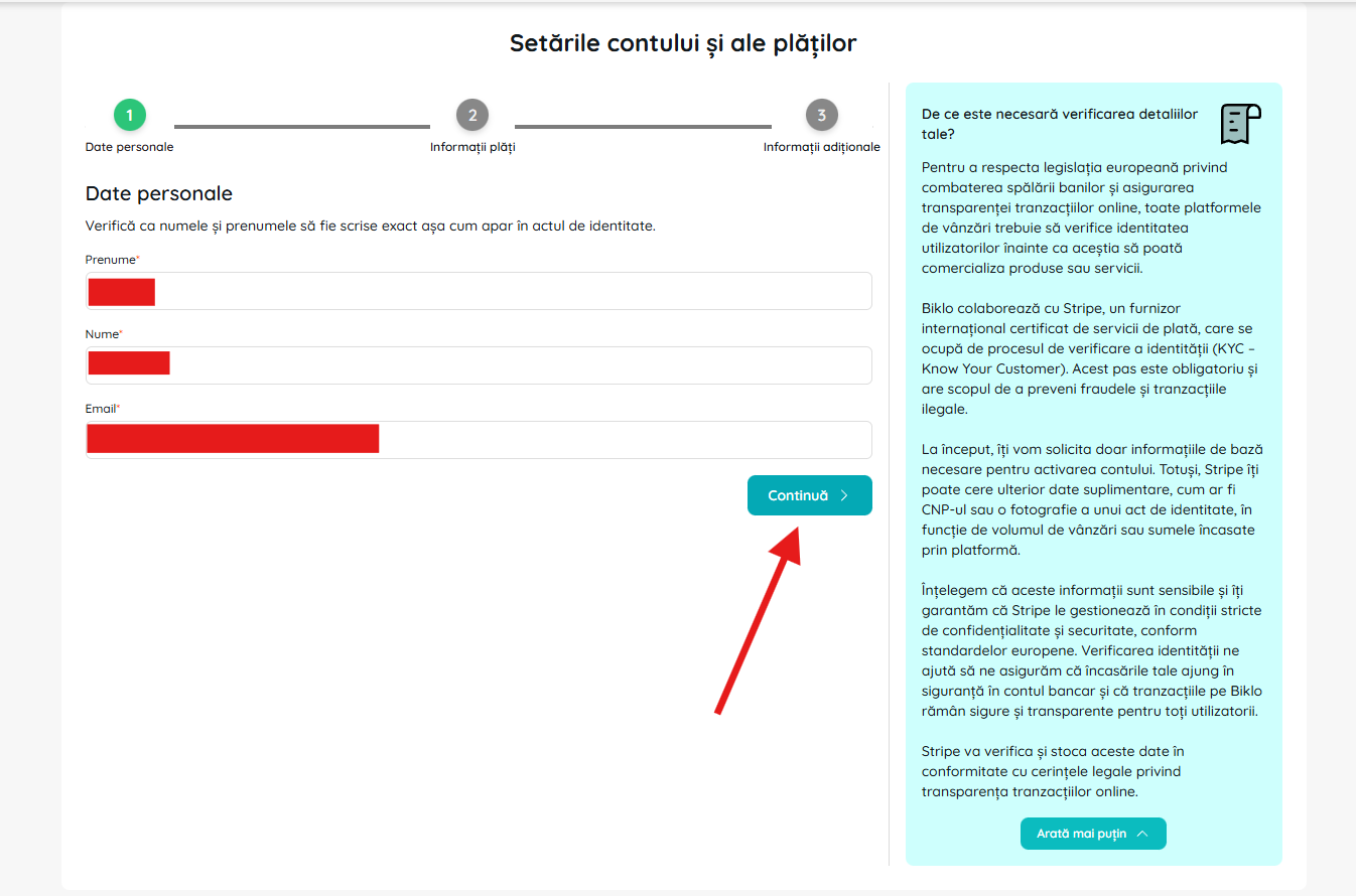 Personas datu aizpildīšana Biklo finanšu konta izveides procesā