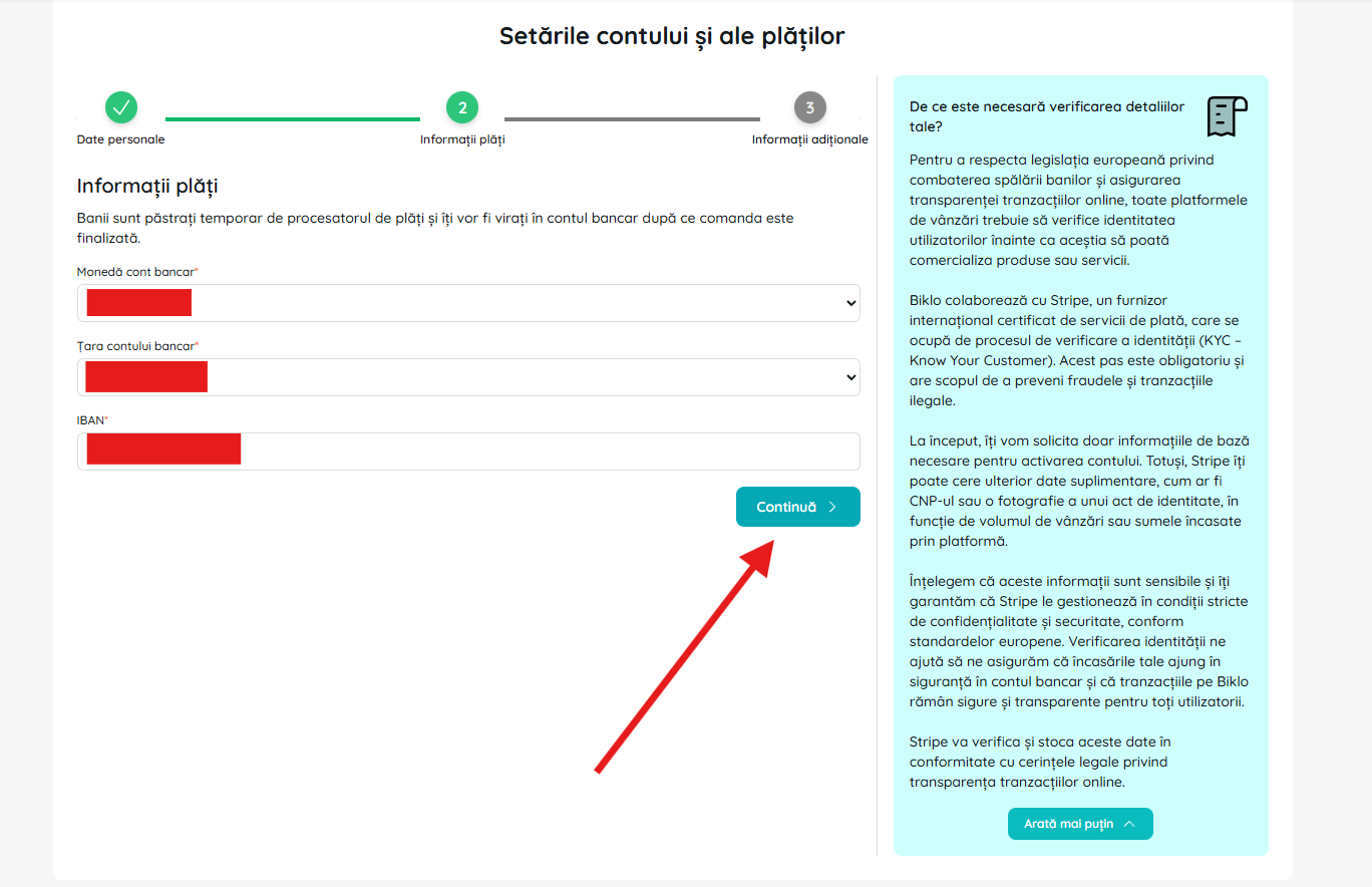 Bankas rekvizītu veidlapa Biklo finanšu konta izveides procesā